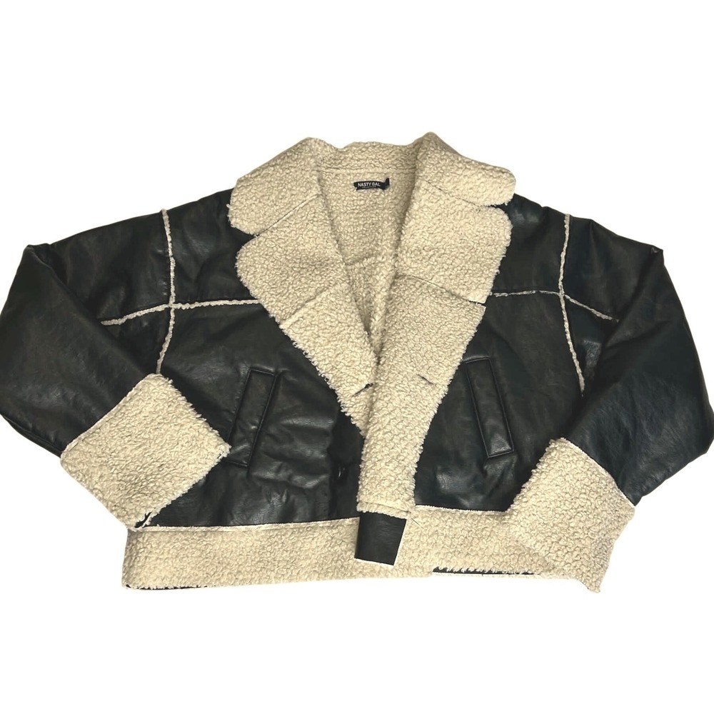 Nasty Gal Faux Leather Shearling Aviator Jacket Dark Brown Cream US 10